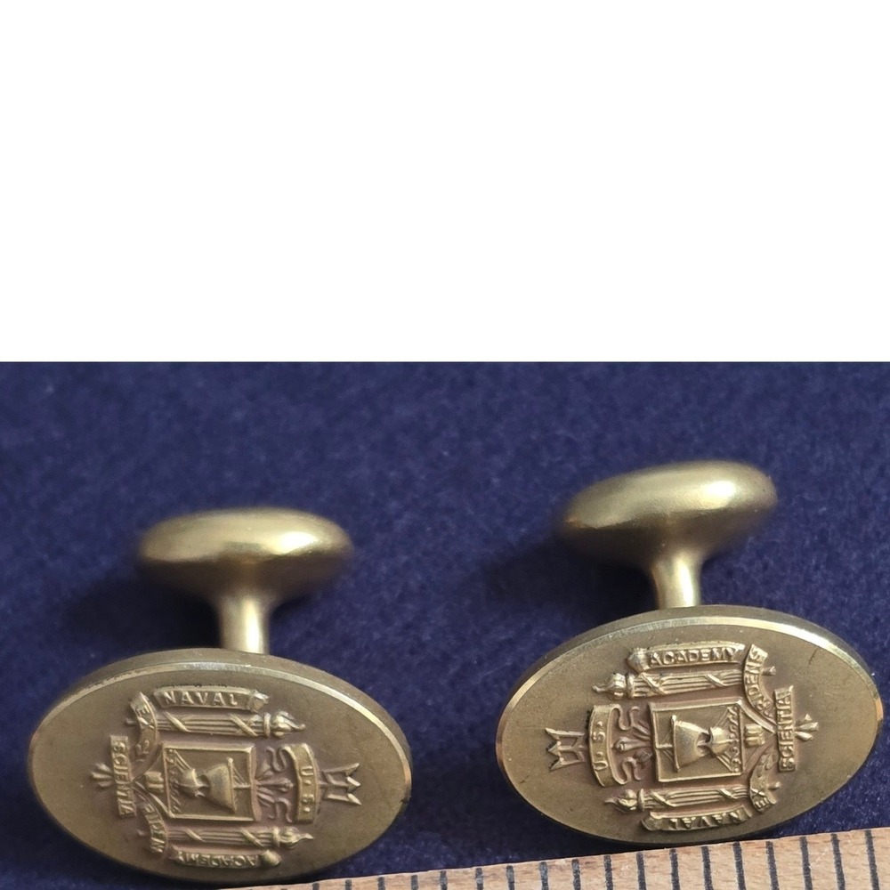 Vintage US Naval Academy USNA Crest Gold Tone Oval Fixed Back Cufflinks Mens